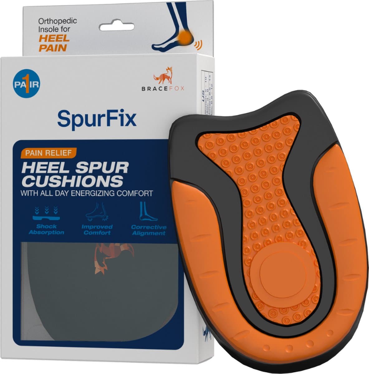 Bracefox® Hielspoor zooltjes ‘SpurFix’ | Hielspoor inlegzolen | Hakverhoger | Per Paar | Orthopedische Gel Hielkussens | Plantar Fasciitis | Gel zooltjes | Mannen & Vrouwen | Maat 35-40 (EAN: 8720929691937)