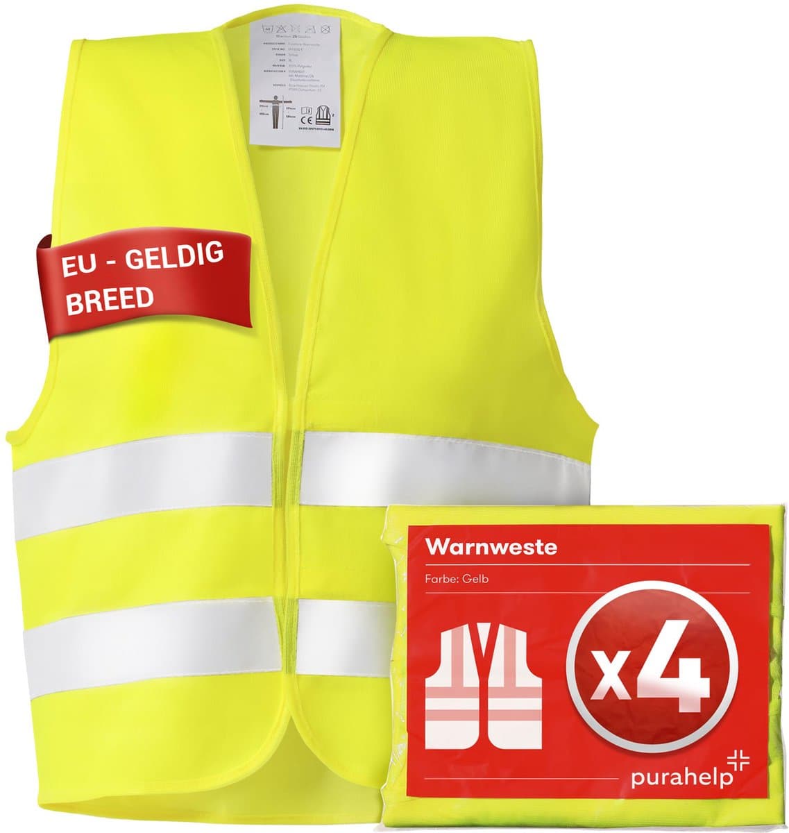 PURAHELP Hoge fluo hesje volwassenen set van 4 Geldig in heel Europa volgens EN ISO 20471 - Veiligheidshesjes voor Auto - Veiligheidsvest Auto - Geel (EAN: 4262427090040)