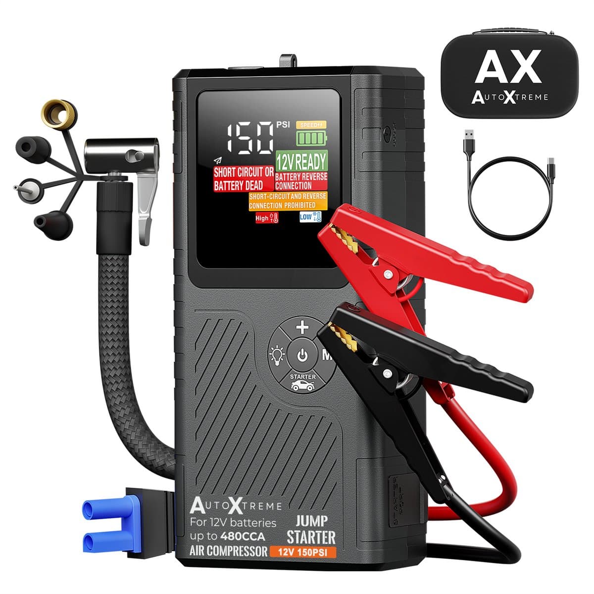 AutoXtreme 12V Jumpstarter met Compressor voor Auto – 480CCA - Boost Air Micro – Starthulp met Forcestart, Powerbank & LED-scherm – Incl. Zaklamp & Opbergkoffer (EAN: 8721161027256)