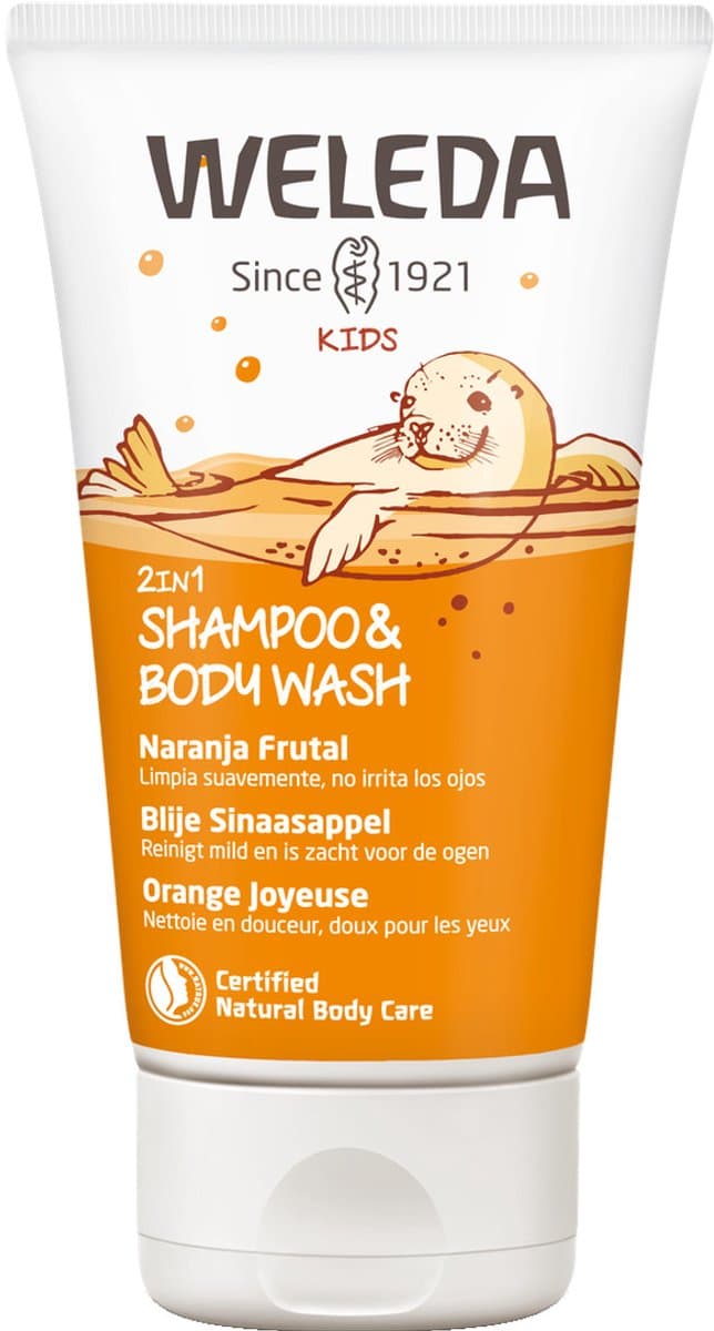 Weleda Kids 2-in-1 Shampoo & Body Wash - Sinaasappel - Reinigt Huid & Haar Zacht - Reinigt Mild & Zacht Voor Ogen - 100% Natuurlijke Ingrediënten- 150ml (EAN: 4001638075114)