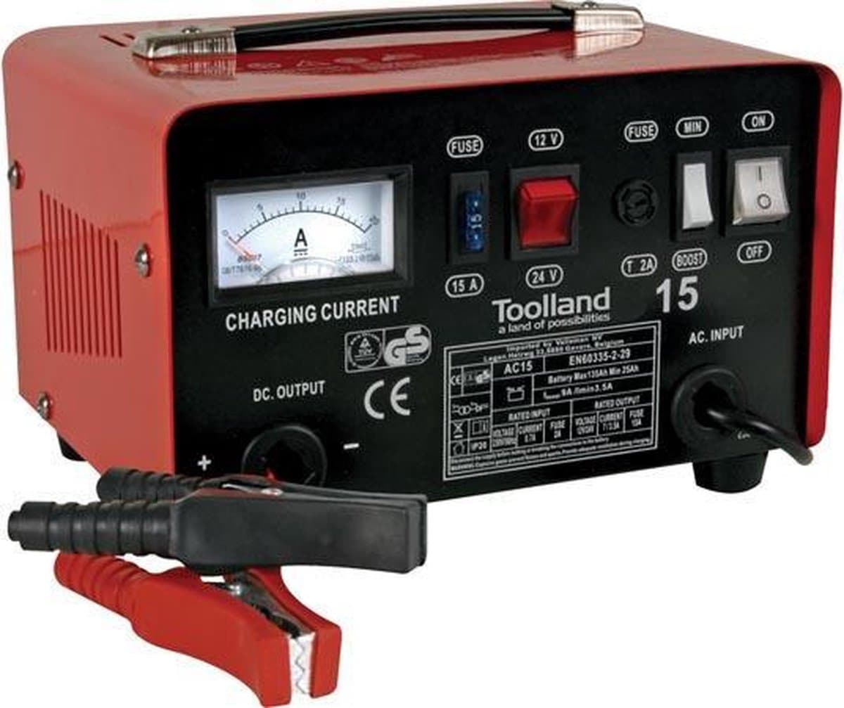 Toolland Acculader 12/24 V, acculader auto met booster/starthulp 9 A, met thermische overbelastingsbeveiliging, ampèremeter en interne zekering tegen kortsluiting, voor motoren, tractoren, personenauto's, bestelwagens en kleine motorboten, rood (E...