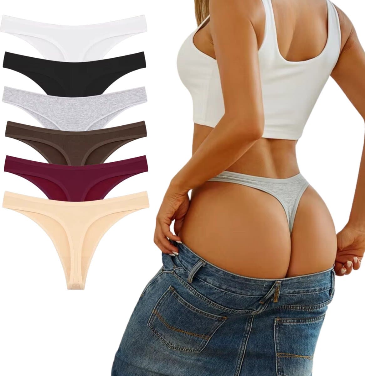 6 Pack - Comfortabele String - Zachte Strings - Sexy Dames Ondergoed - Vrouwen - Onderbroek Set - Lingerie - Zwart, Wit, Rood, Bruin, Grijs, Nude - Maat XL (EAN: 8785290589450)