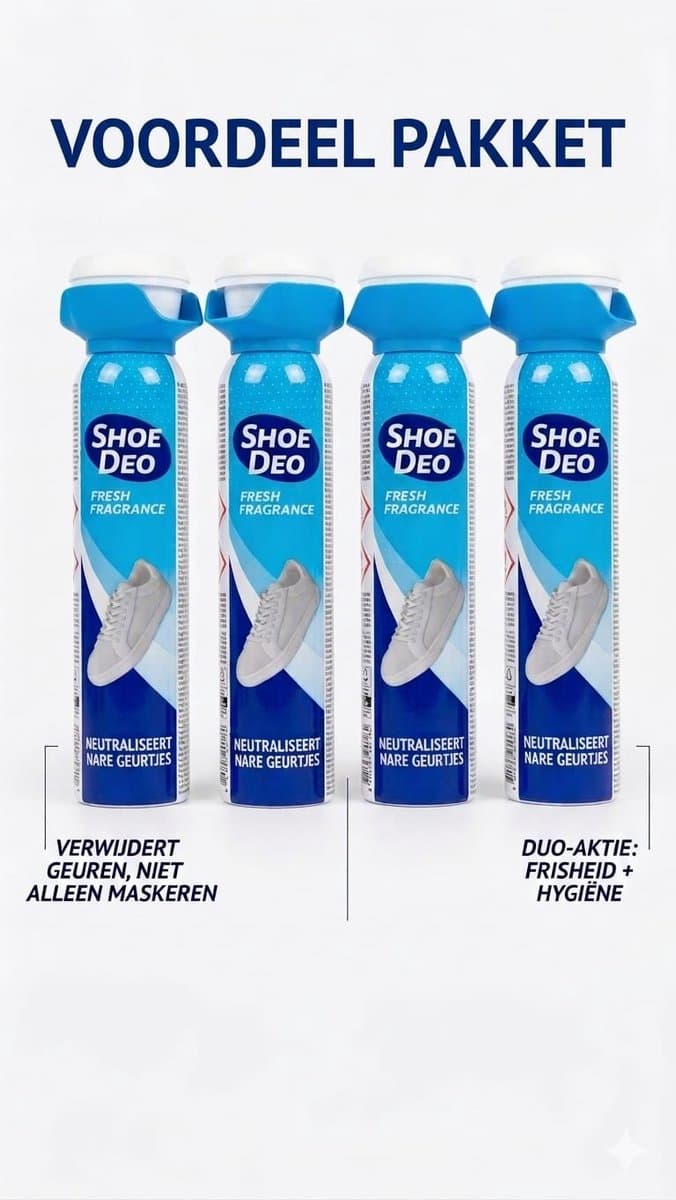 Shoe Deo Schoenendeodorant Voordeelpakket - 4 Stuks - Tegen Nare Geurtjes - Verfrist & Hygiënisch - Voor alle Schoenen & Sneakers - 4 x 150ml (EAN: 9509184819763)