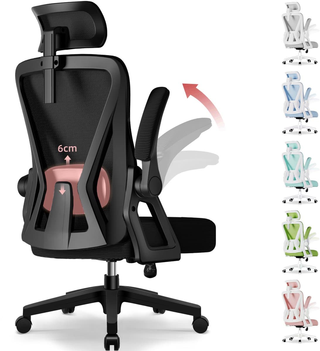 Hiaonyx bureaustoel – ergonomische bureaustoel voor volwassenen - Opklapbare armleuningen – 4D lendensteun met zachte vulling – Vergrendelbare rugleuning – Max. kanteling 135° - Zwart (EAN: 8721264560599): Een stoel die echt *past*