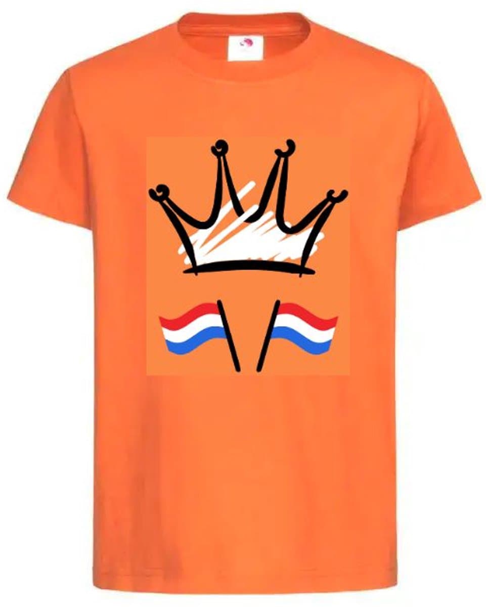 T-shirt Kinderen "KONINGSDAG" Kroon met Vlaggen Op Voorkant EK Voetbal Europees Kampioen Kampioenschap Oranje Koning Koningsdag | korte mouw | Oranje/zwart/rood/wit/blauw | maat 146/152 (EAN: 6153100662655): 🎈 Waarom dit shirt nu al in de spotligh...