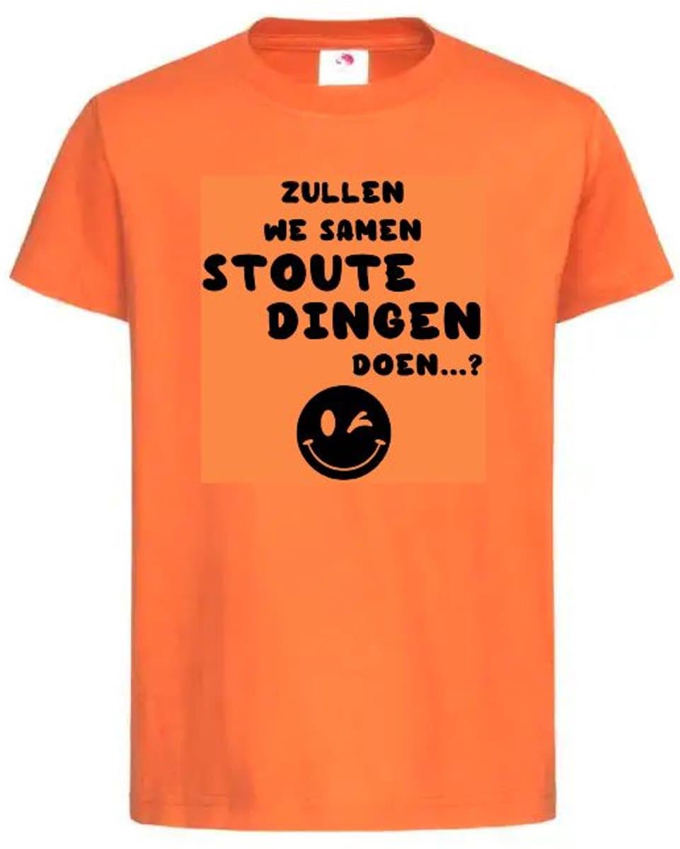 T-shirt Unisex Volwassenen "Zullen we samen stoute dingen doen...?" Op Voorkant EK WK Voetbal Europees Wereld Wereld Kampioen Kampioenschap Oranje Koning Koningsdag | korte mouw | Oranje/zwart | maat XL (EAN: 6153100878827)