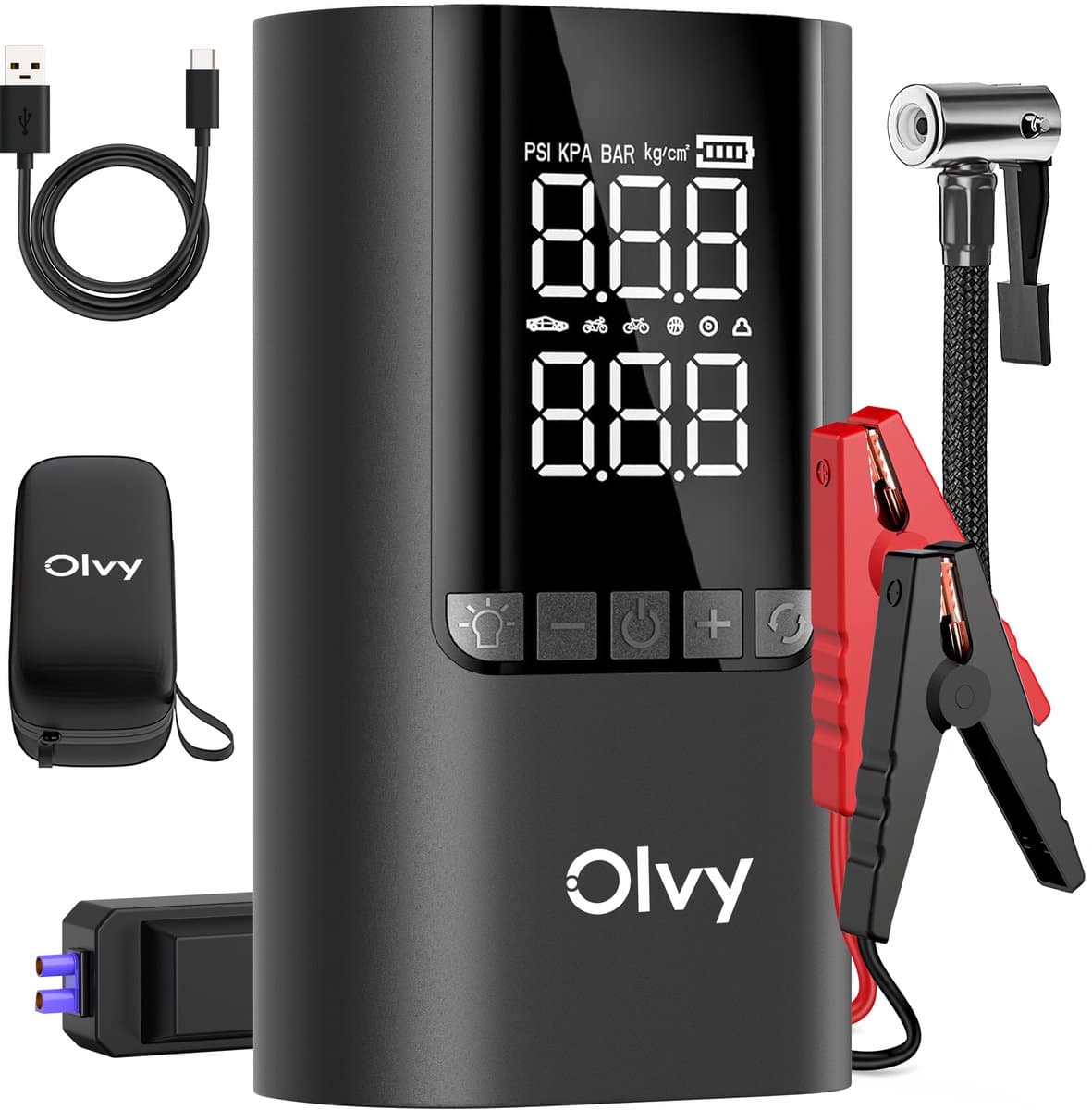 Olvy 12V Jumpstarter voor Auto met Compressor - 1500A - 4-in-1 Starthulp met Powerbank, LED Zaklamp en SOS Noodlicht - Startkabels met Accu - Startbooster (EAN: 8721008788425)