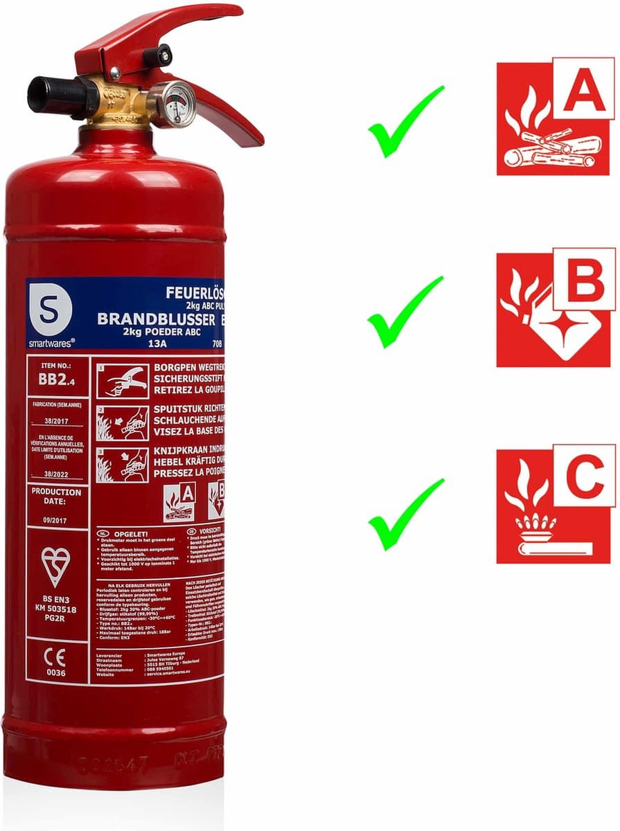 Smartwares 10.014.68 - Brandblusser Poeder 2kg - Incl ophangbeugel - Brandklasse ABC - BSI Gecertificeerd (EAN: 8711658469461)