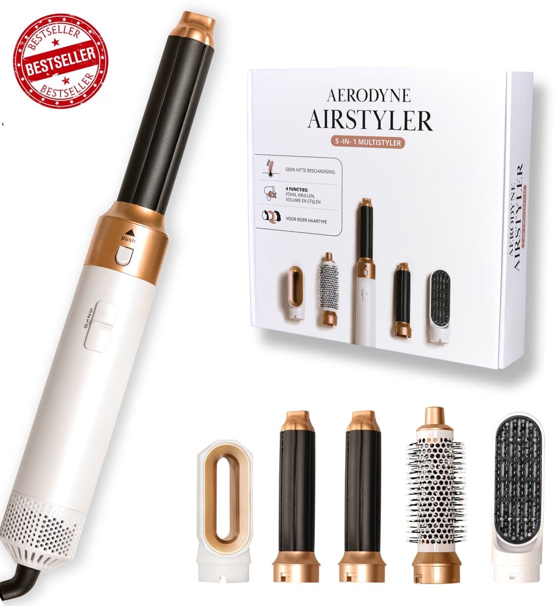 Aerodyne® Airstyler - Fohnborstel - Multistyler - Krultang 5 in 1 - Hairwrap - Krulborstel - Hittebestendige Handschoen - 4x Haarclips - Luxe Cadeau Set - Wit/Roségoud (EAN: 8720844058198): De eerste indruk Een plaatje in de badkamer ✨