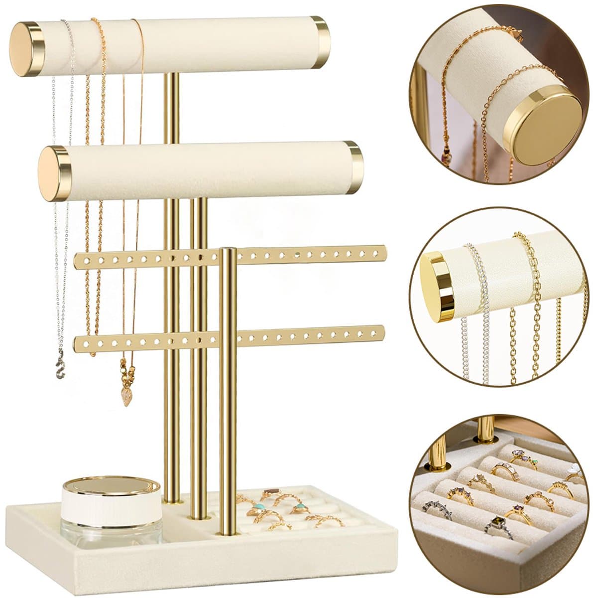 3-Laags Sieradenorganizer - Beige - Sieradenstandaard voor Armbanden - Sieradenrekje - Verwijderbare T-Vormige Sieradenstandaard - Fluwelen Armbandhouder - Sieradenhouder, Kettingen, Horloges, Ringen (EAN: 0734931091591)