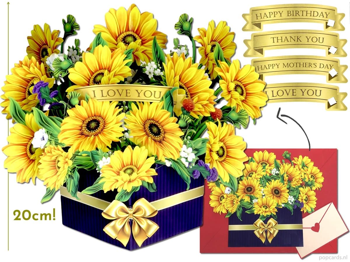 Popcards pop-up kaart – vrijstaand boeket met zonnebloemen voor Verjaardag, Bedankkaart, Moederdag en Liefdeskaart pop-up kaarten 3D wenskaart (EAN: 4805388556325): Waarom ik deze kaart zo leuk vind
