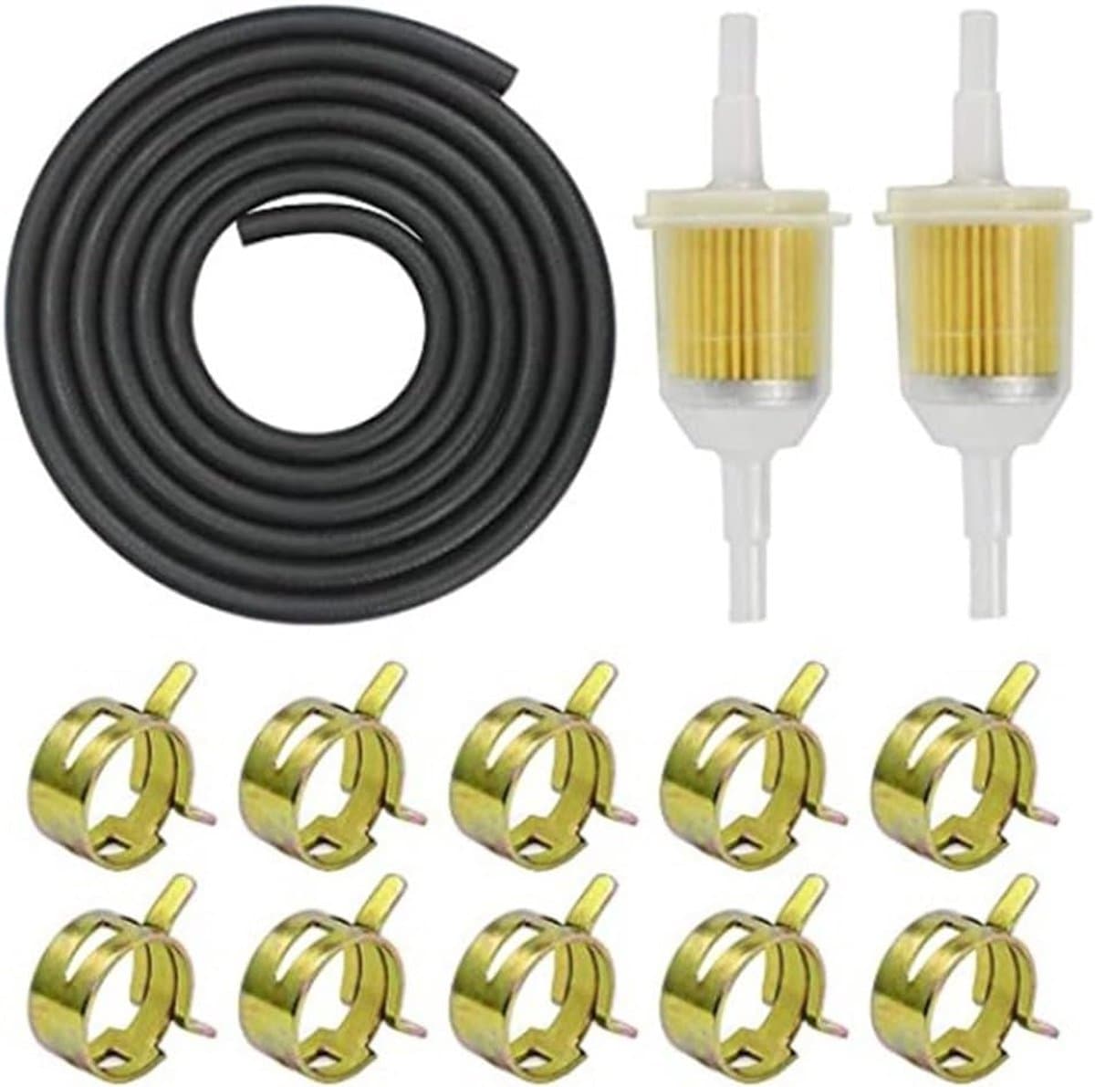 Brandstoffilters - 2x Benzinefilter 10 cm - Brandstoffilter Inline Met 5 mm En 8 mm - Universeel - Filter - Transparant - Met 2 Meter Benzineslang En 10 Stuks Slangklemmen - Brandstofslang - Scooter - Motorfiets - Auto - 13-Delige Set (EAN: 931852...