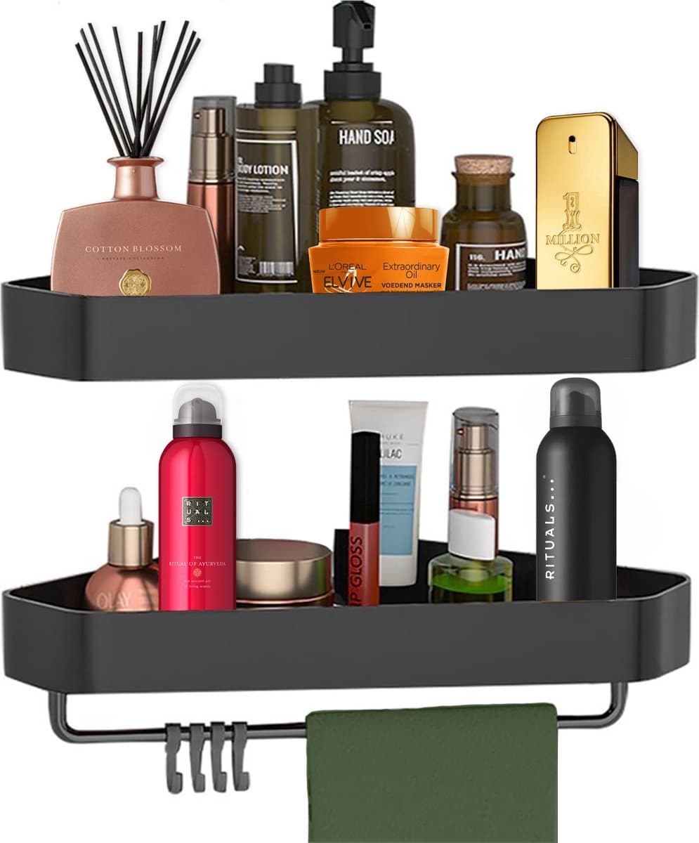 Goliving Doucherek 2-delige Set - Doucherek zonder boren - Doucherekje hoek - Douchemandje - Badkamerrek - Badkamer accessoires - Zwart (EAN: 8720828084601): Geen boormachine nodig (eindelijk!) 🛠️