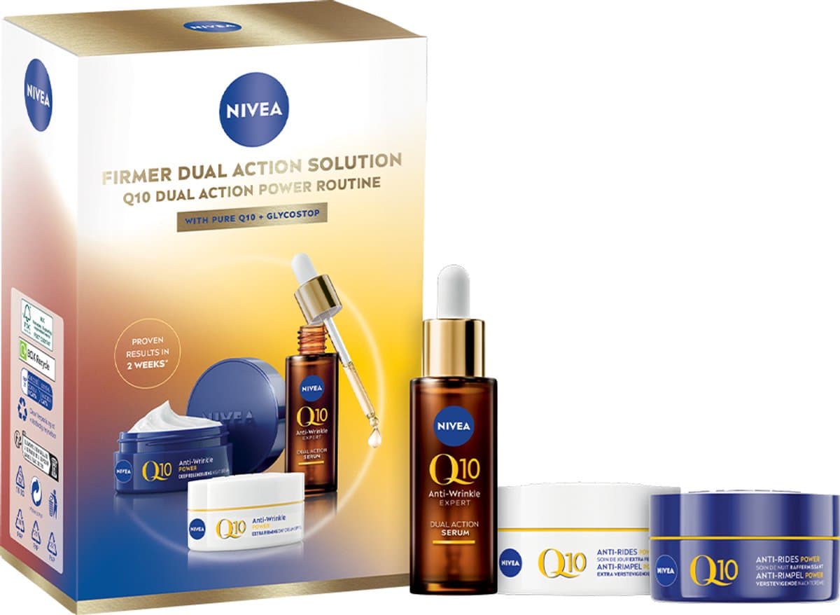 NIVEA Q10 Firmer Dual Action Solution Trial Geschenkset voor Vrouwen - Cadeaupakket Verjaardag Vrouw - Anti-Rimpel Skincare Routine - Serum, Dagcrème & Nachtcrème - Moederdag Cadeautje (EAN: 4006000239040)