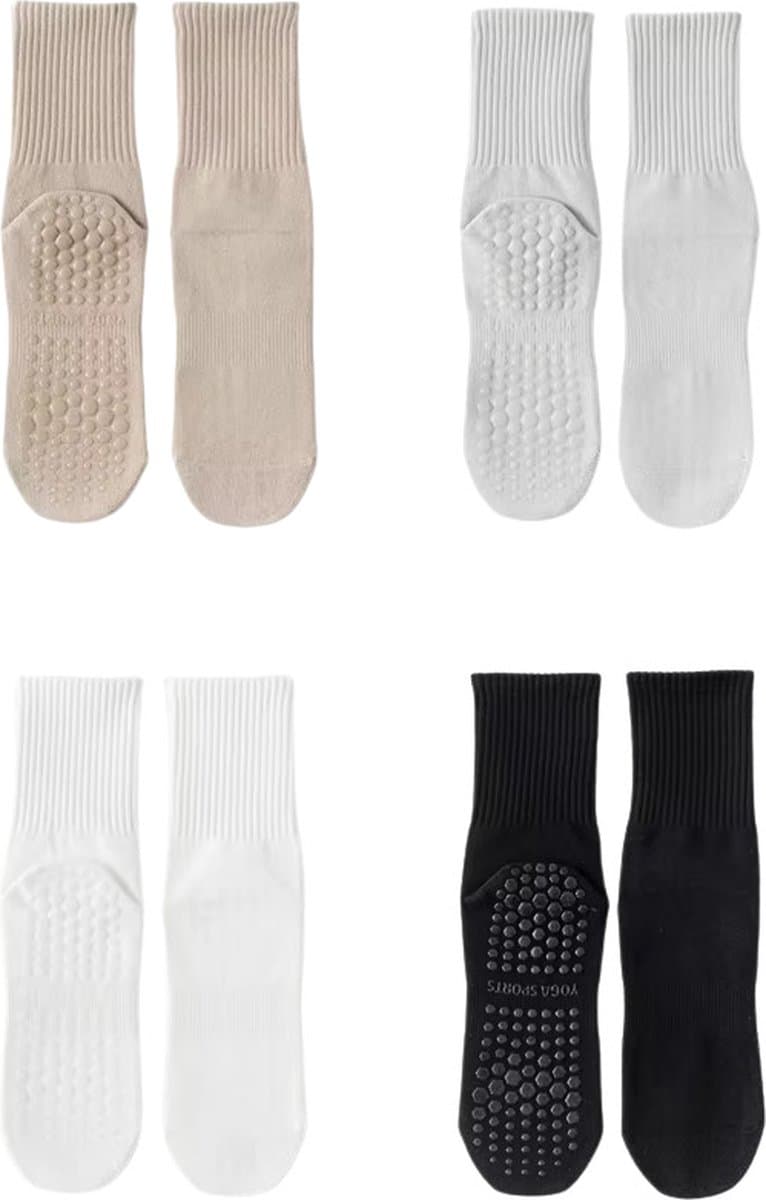 4 Paar - Dames Antislip Sokken Pilates - Yoga Sport sokken - Beige Lichtgrijs Effen - Maat 35-39 (EAN: 8721042720894)