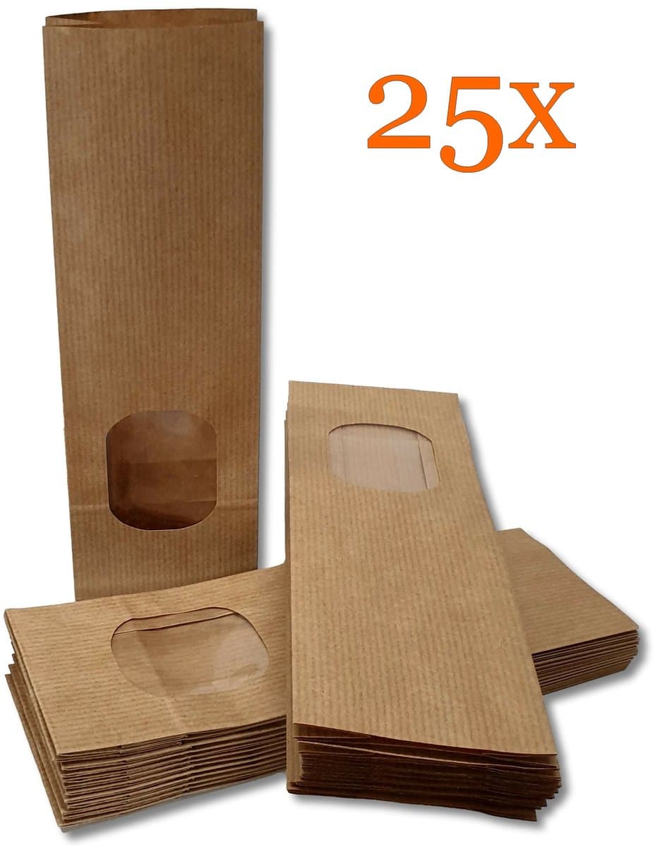 Prigta - 25x Papieren zakjes met venster / blokbodemzakjes papier- 7x4x20 cm - uitdeelzakjes / verpakkingszakjes (EAN: 8720682330098)