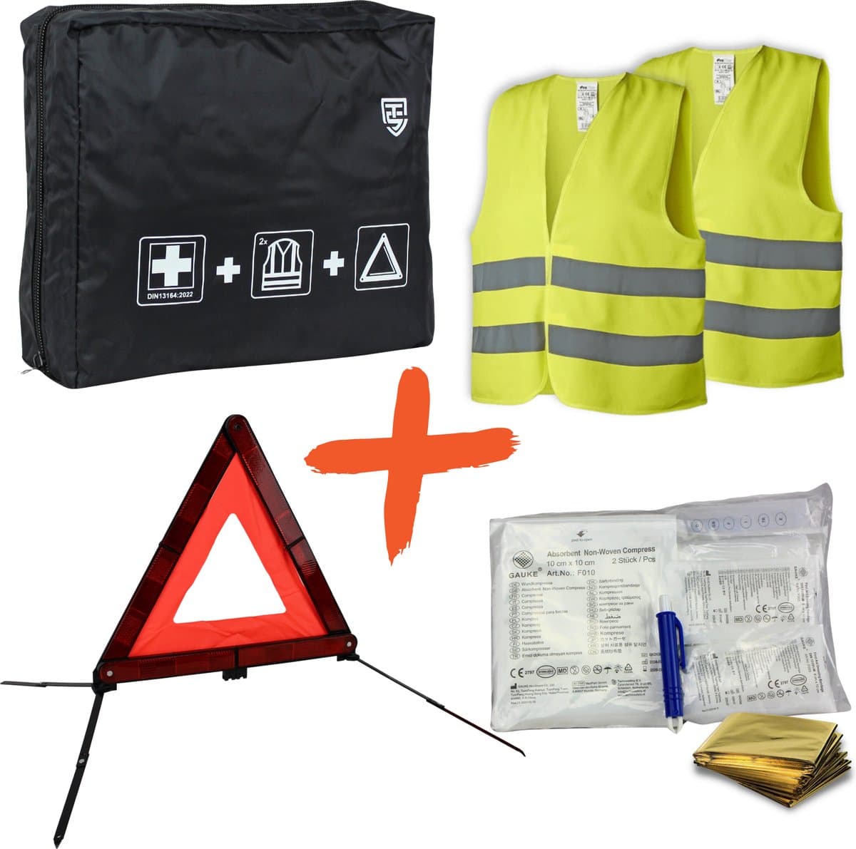 5-delige Auto veiligheidsset met Tas - Veilig onderweg pakket - Gevarendriehoek - Verbanddoos - Veiligheidshesjes - Tekentang (EAN: 8717524831509): **Wat zit er in dit pakketje**