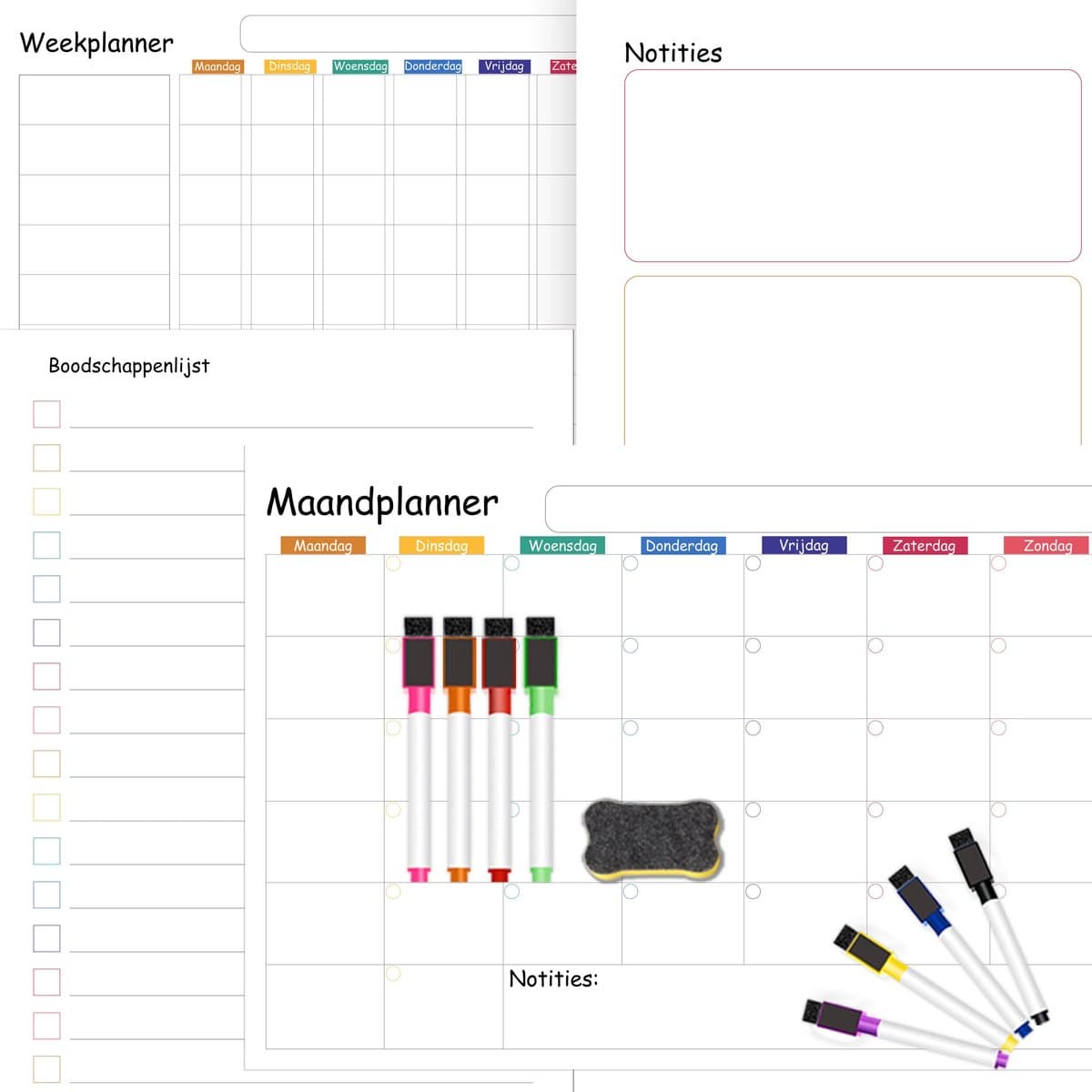 Weekplanner & Maandplanner Whiteboard Set - Familieplanner magnetisch - Inclusief Boodschappenlijst, Notitielijst, Markers & Wisser - A3 Formaat (EAN: 8720648606076): Eerste indruk Design dat echt werkt