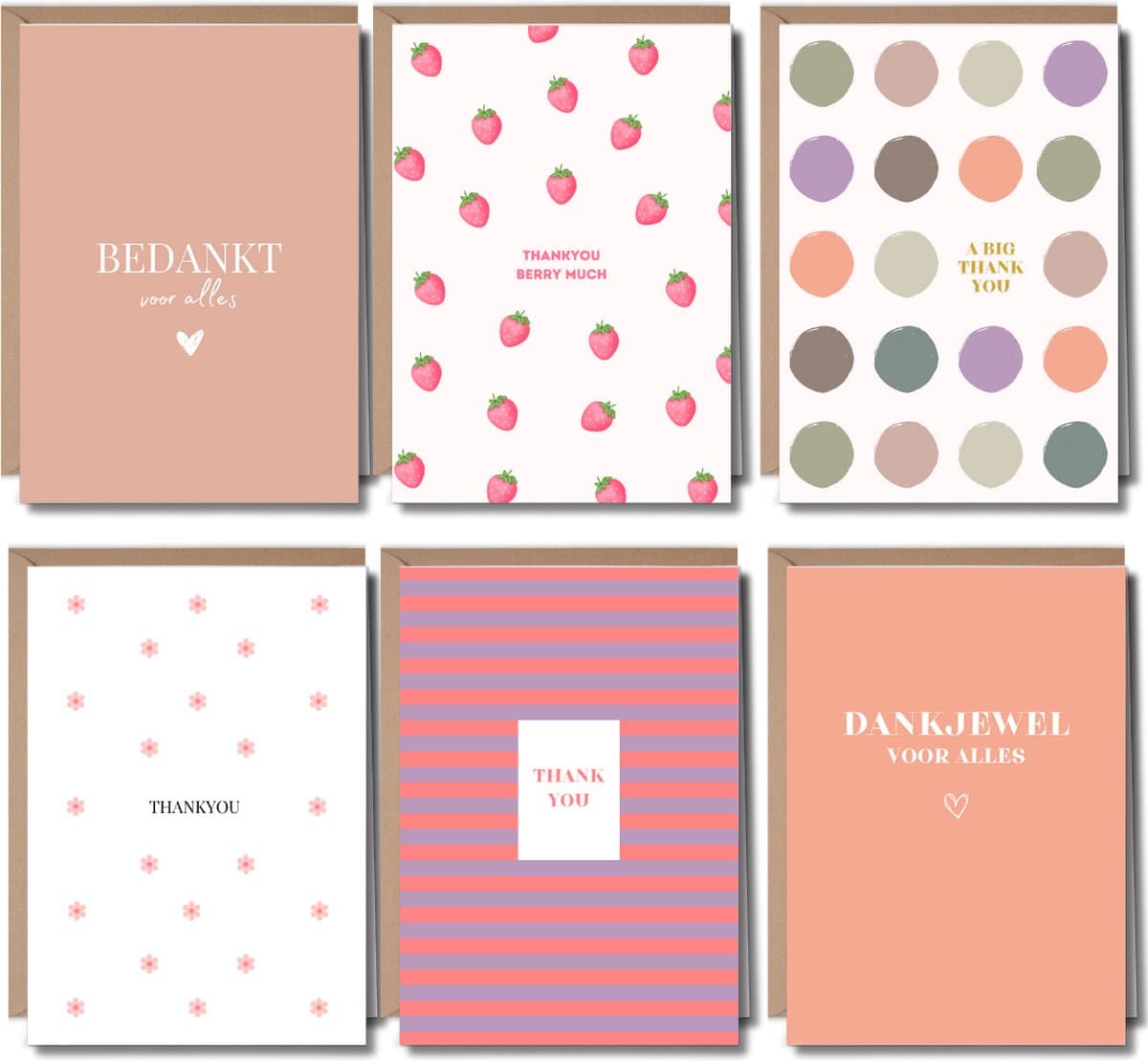 Luxe Bedankkaarten Set - 6 Wenskaarten met Enveloppen - Bedankt Kaartjes - Thank You Cards - Bedank Kaarten - A6 - Blanco - Kleurrijk (EAN: 8721161817406)