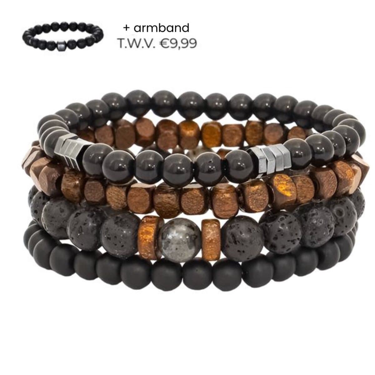 Quattro lava - kralen armband heren 4 + 1 stuks - armband mannen natuursteen - zwart en bruin - mannen cadeautjes - bracelet (EAN: 8720865759449)