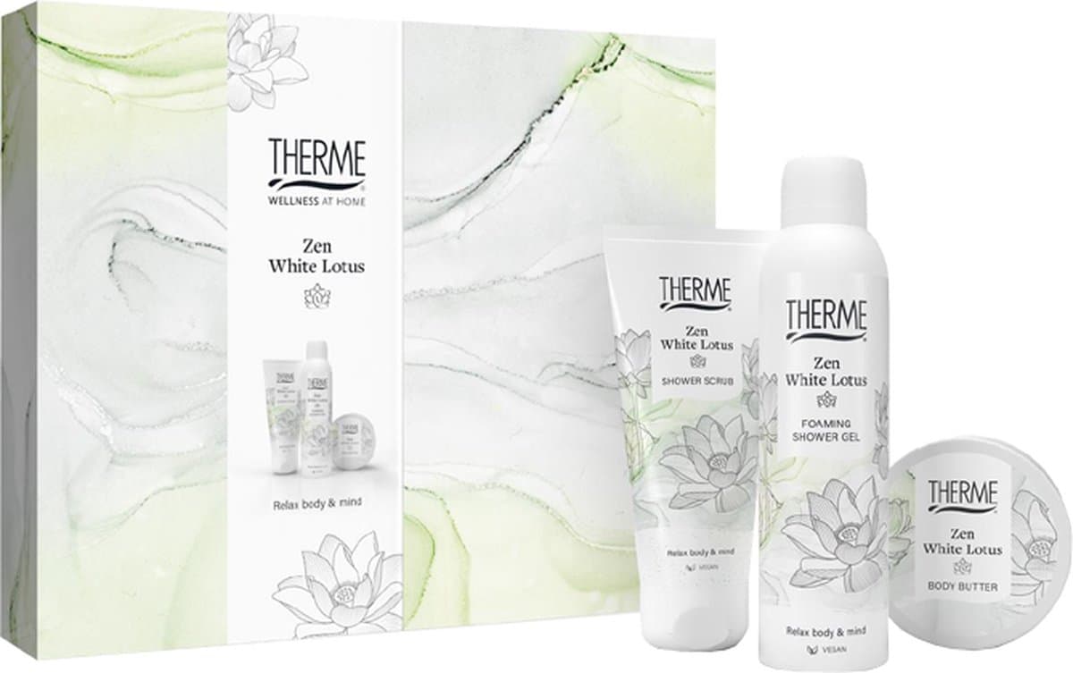 THERME Zen White Lotus Gift Set - Foaming Shower Gel + Shower Scrub + Body Butter - Geschenkset (EAN: 8714319244407): 🧴 Wat zit er in het setje