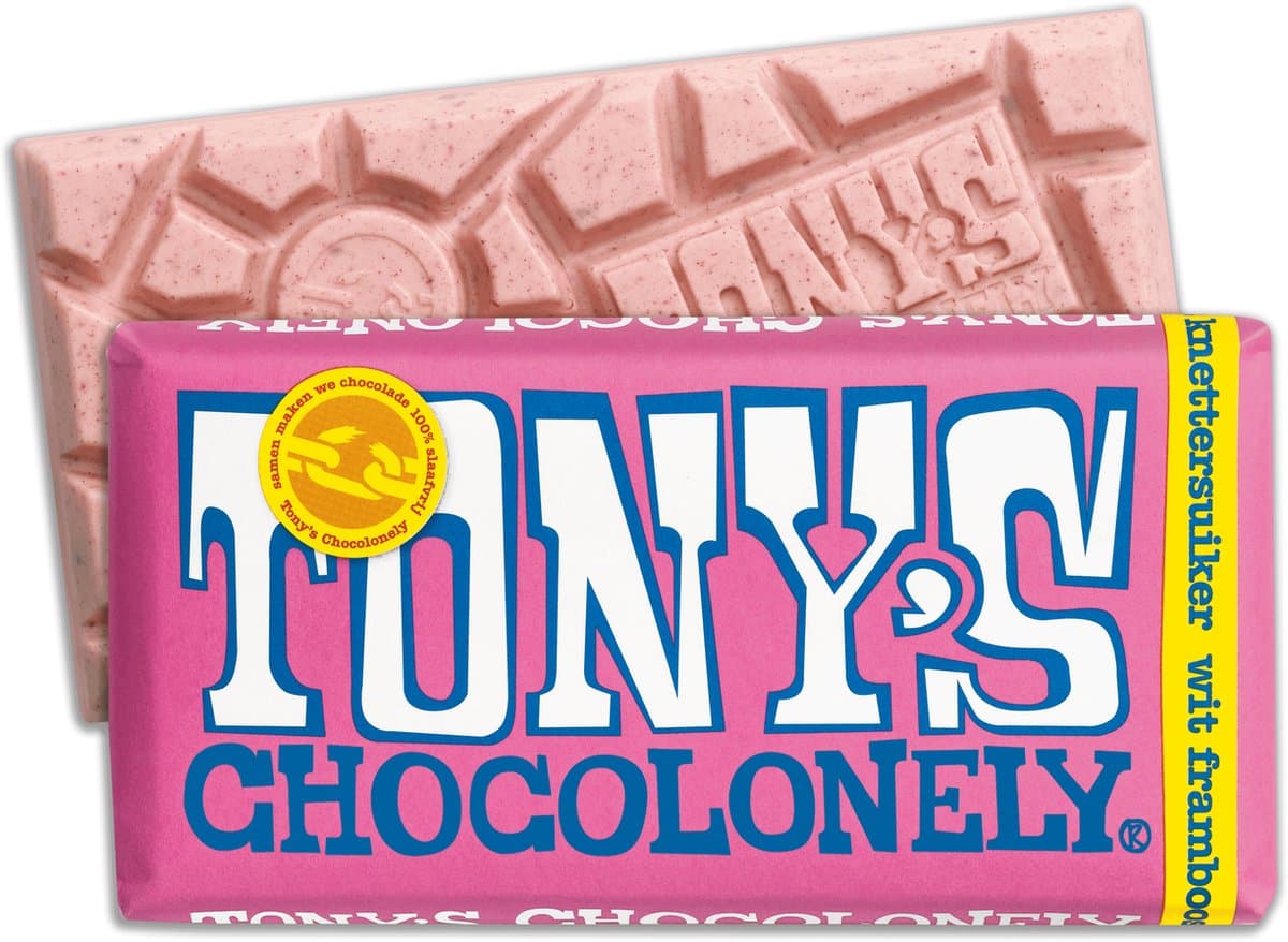 Tony's Chocolonely Witte Chocolade Reep Framboos Knettersuiker 180 gram Chocola (EAN: 8717677337828): Eindelijk geproefd!