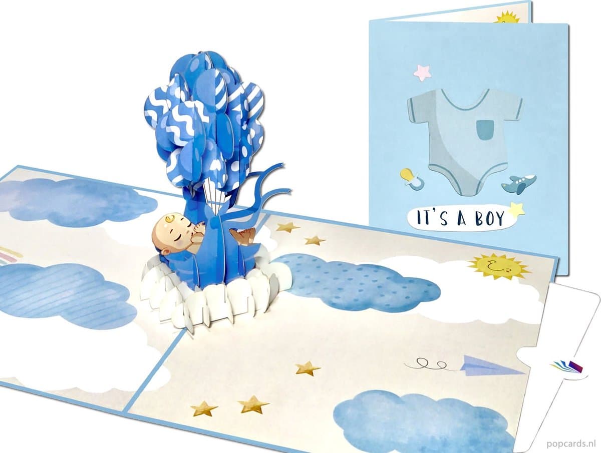 Popcards pop-up kaart – Baby Jongetje met Blauwe Ballonnen Geboortekaart Jongen pop-up kaart 3D wenskaart (EAN: 8785253683638)