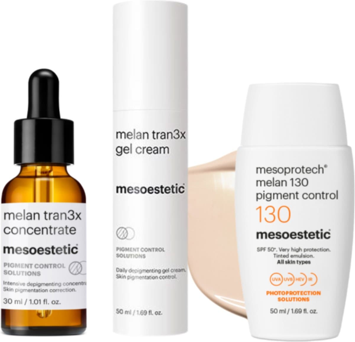 Mesoestetic - Pigment Control verzorgingsset - Mesoestetic melan tran3x concentrate - Mesoestetic melan tran3 gel cream - Mesoestetic melan 130 pigment control 50spf (EAN: 8720892452559)