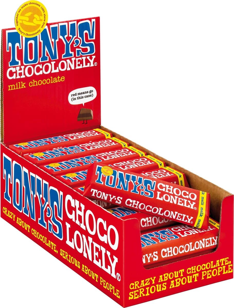 Tony's Chocolonely Chocolade Reep Melk - 35 x 50 gram (EAN: 8717677334056): Het “knipje” dat een glimlach tovert