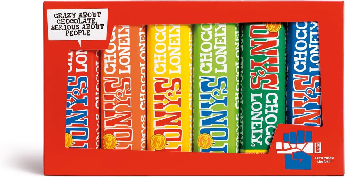 Tony's Chocolonely - Proeverijtje - Chocolade cadeau - Verjaardag - Geschenkset - 6 reepjes (EAN: 8717677338689): Wat zit er in de doos
