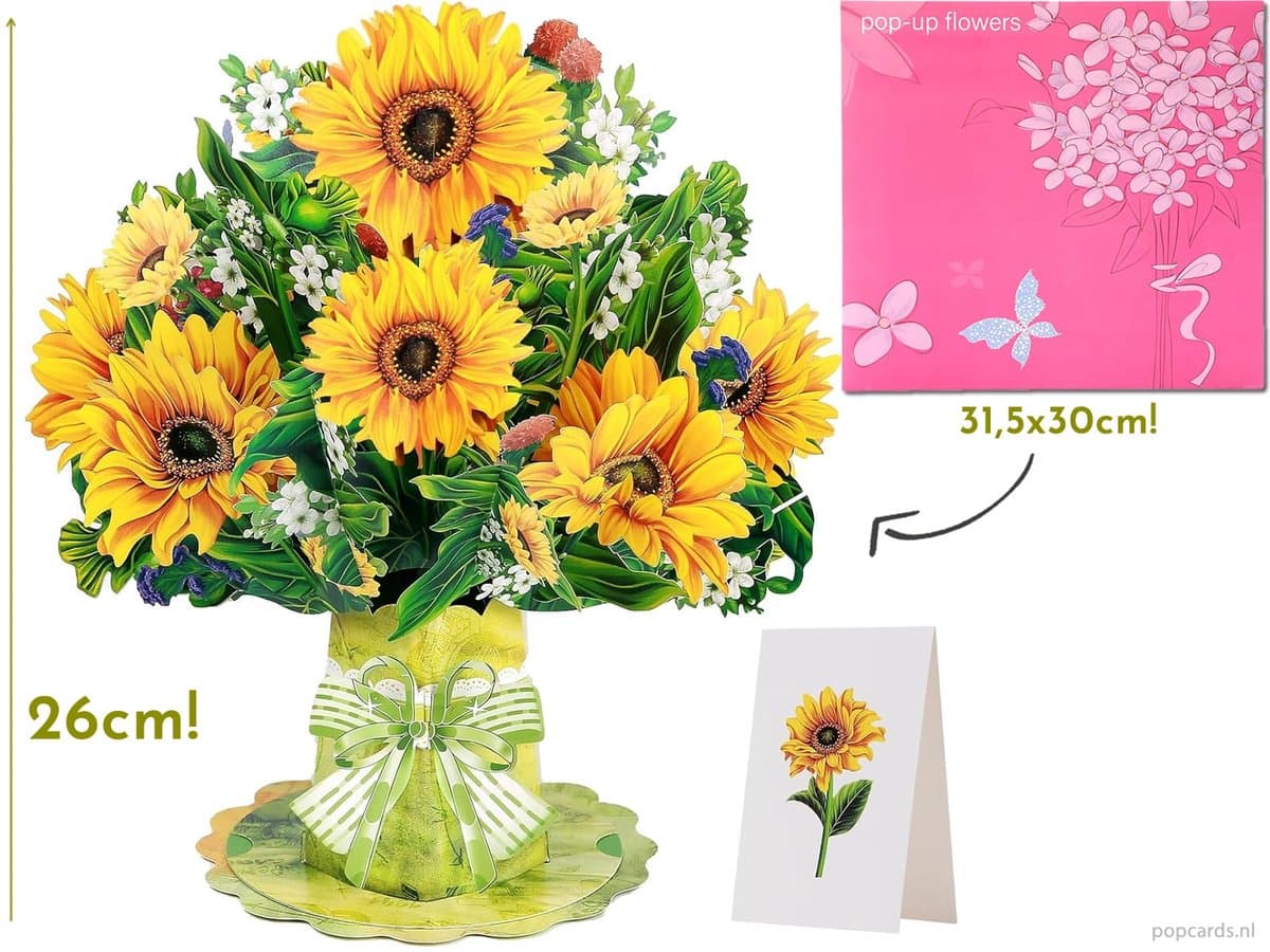 Popcards megagrote pop-up kaart - Boeket Zonnebloemen in Vaas | Supergrote wenskaart 3D kaart Bloemen (EAN: 4805388557735): Wat maakt deze kaart zo bijzonder