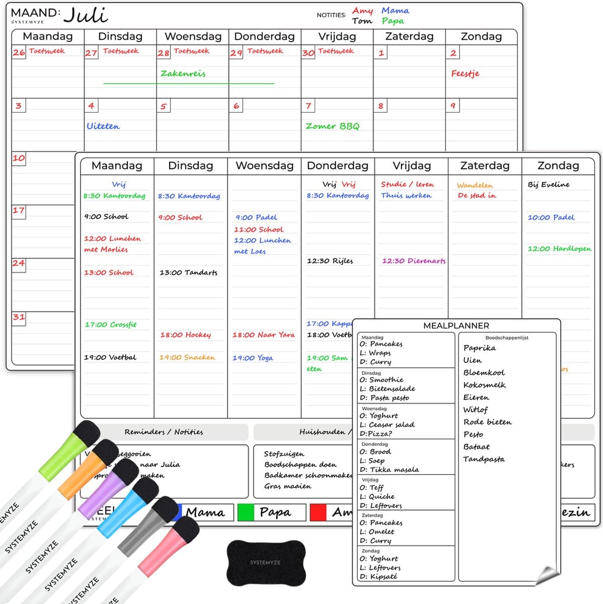 Systemyze Maandplanner & Weekplanner Whiteboard Set – Magnetisch Planbord – Magnetische Maandplanner – Inclusief Meal Planner, Markers & Wisser – A3 Formaat (EAN: 8720865582290)