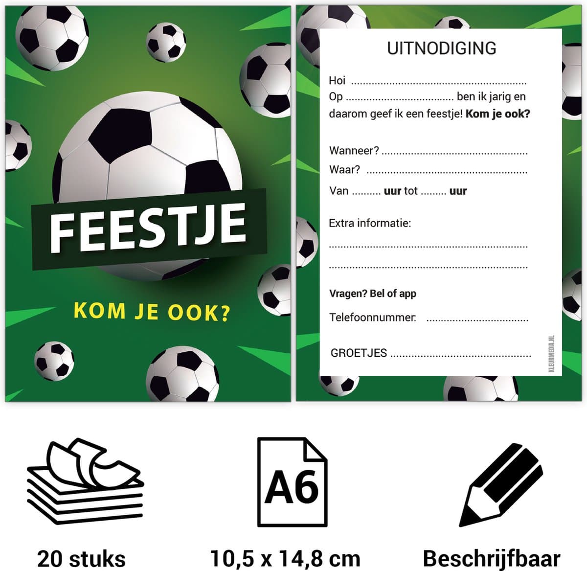 Uitnodiging kinderfeestje - Voordeelset 20 stuks - Thema Voetbal - Beschrijfbaar - Uitnodigingskaarten - Uitnodiging verjaardag - uitnodiging verjaardag feest - Uitnodiging kinderfeestje Jongen of Meisje - Uitnodiging feestje - uitnodigingen (EAN:...