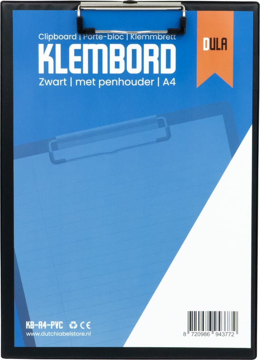 Klembord A4 zwart - PVC clipboard met penhouder - Klemborden - DULA (EAN: 8720986943772)
