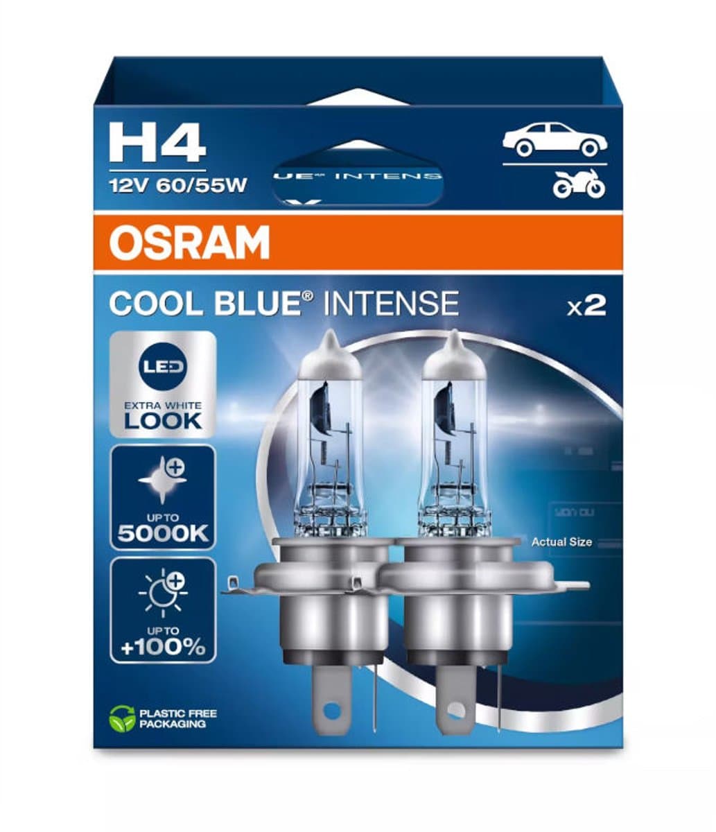 OSRAM Cool Blue Intense Next Gen H4 halogeen autolampen – witter licht en tot 100% meer zicht - Duitse kwaliteit - set met 2 lampen - 64193CBN-2HB (EAN: 4062172387538)