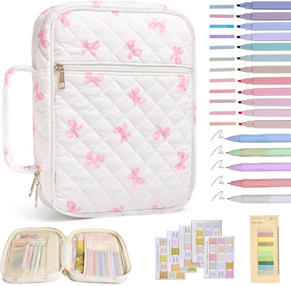 Boekorganizer tas - Bijbelhoes - Bijbel draagtas - 30x23x8 cm - 12 gekleurde markeerstiften, geschikt voor meisjes, benodigdheden voor Bijbelstudie - roze strik (EAN: 6471228707950): Waarom ik meteen verliefd was