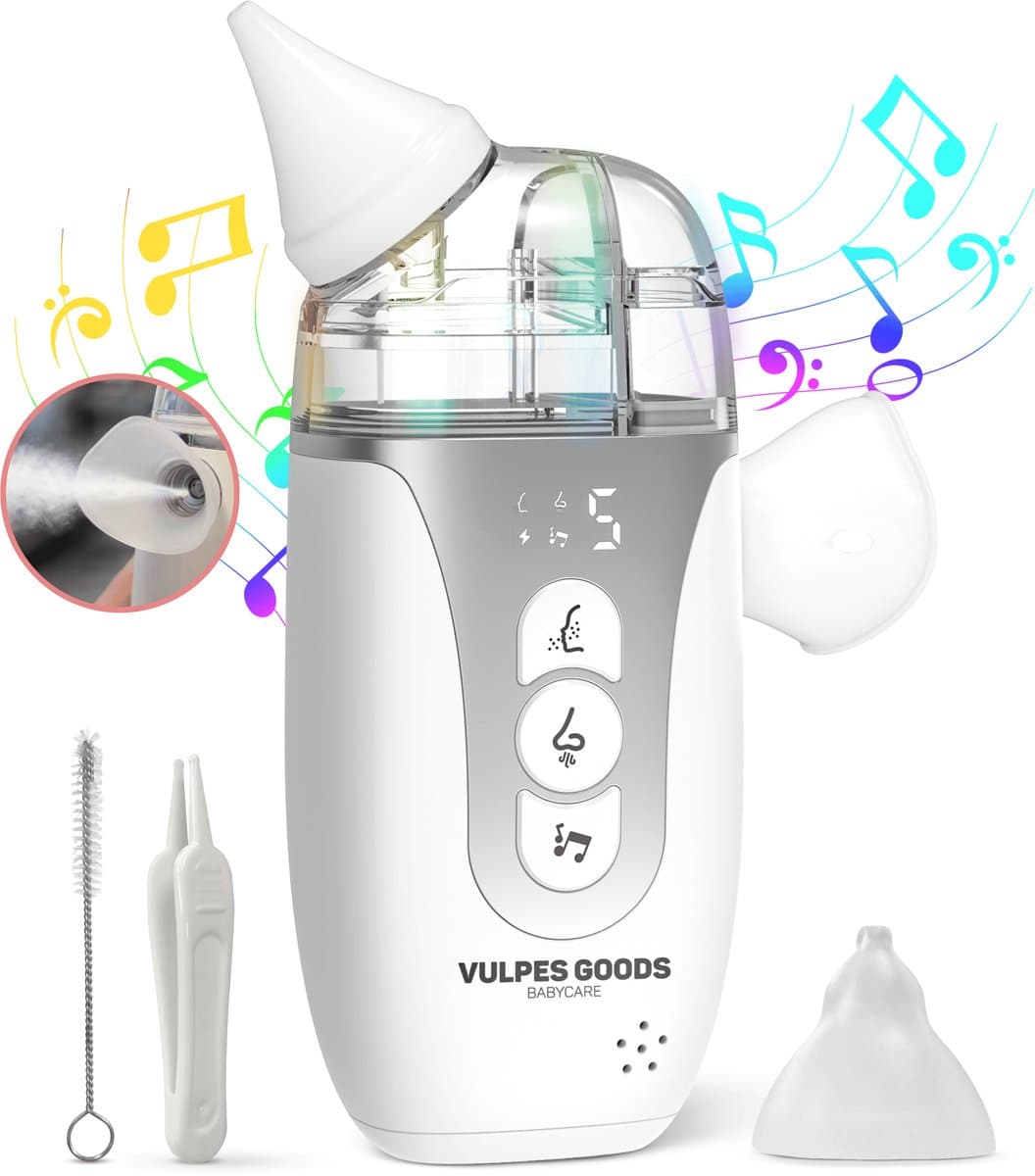 Vulpes Goods® Babycare - Baby Neusreiniger 2-in-1 - Baby Neusreiniger Elektrisch met Ultrasone Vernevelaar - 65kPa Zuigkracht & 5 standen - Neusdouche - Snoetenpoetser - Neuszuiger - Lichtgewicht & Muziek - Grote Batterij - USB-C (EAN: 8721325569295)