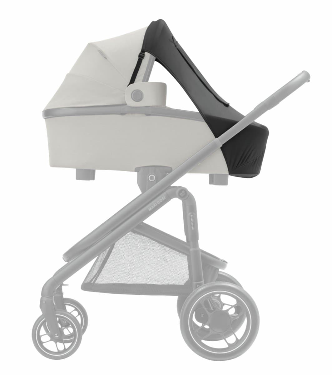 Maxi-Cosi-zonnescherm, Compatibel met Maxi-Cosi-reiswiegen, kinderwagens en -babyautostoeltjes, UPF 50+-bescherming, Met kiekeboevenster, Beschermt baby tegen zon, Meer gebruikswijzen, Zwart (EAN: 8712930184232): Een kleine achtergrond