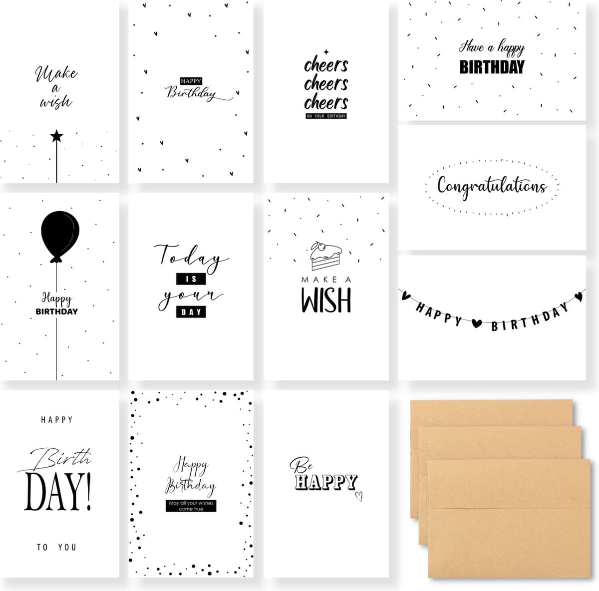 Partizzle 36x Verjaardagskaarten Met Envelop - Zwart en Wit - Verjaardagskaart Versturen - Volwassenen - Duurzaam - 15x10 cm / Minimalistich (EAN: 8720618046048): Waarom ik meteen ️❤️ voelde