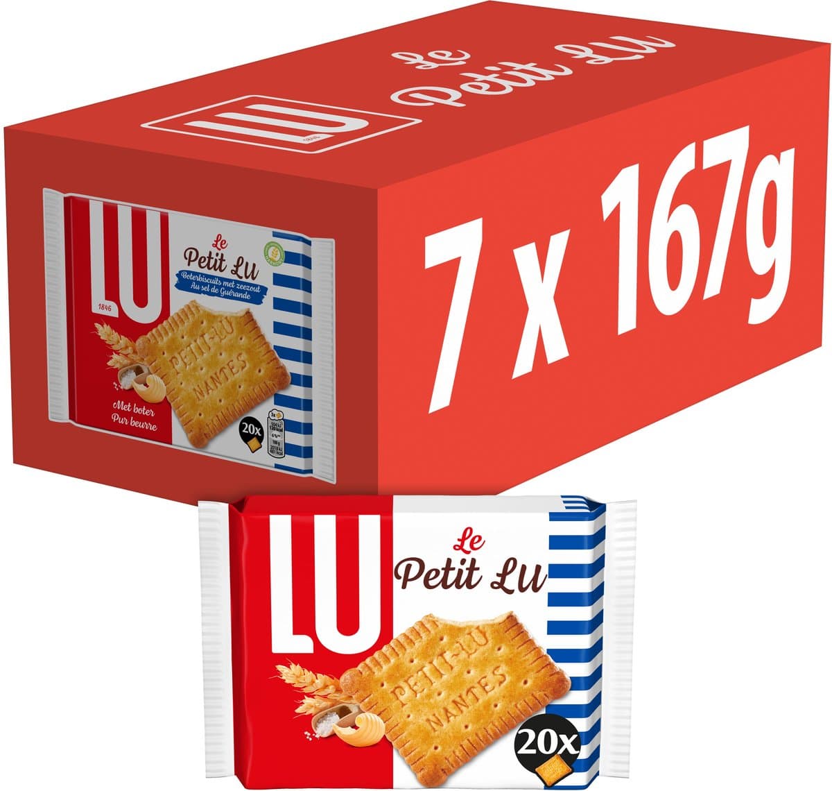 LU Petit Beurre Boterbiscuits Zeezout 7 x 167g (20 x 8,3g) - Boterkoek - Knapperige koek - Snoep, Koek, Chocolade (EAN: 7622202808418): Eerste indruk verpakt en klaar voor gebruik