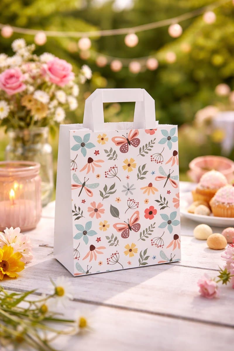50 kleine papieren cadeautasjes "Butterfly" 18x8x22 cm draagtassen papier met vlak handgrepen - Kraft Tasjes Met Handvat – Zakjes geschenkzakjes ideaal voor verjaardag, winkelen bloemen lente (EAN: 5407008941888)