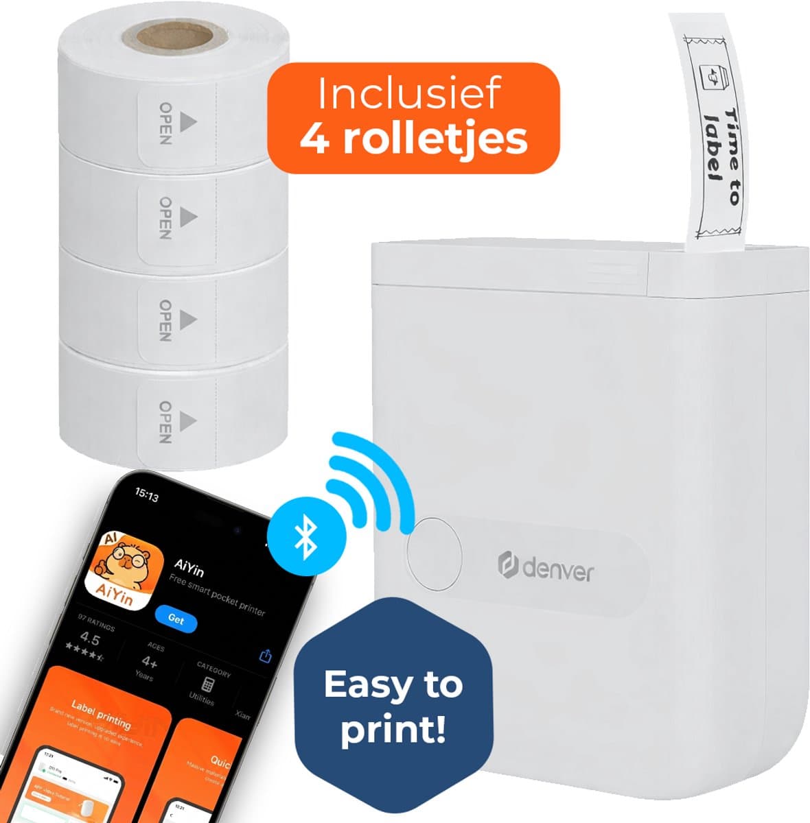 Denver Labelprinter - Bluetooth - Verbinding met smartphone - 15x40mm - Incl. 4 stickerrollen - MBP16 (EAN: 5706751091544)