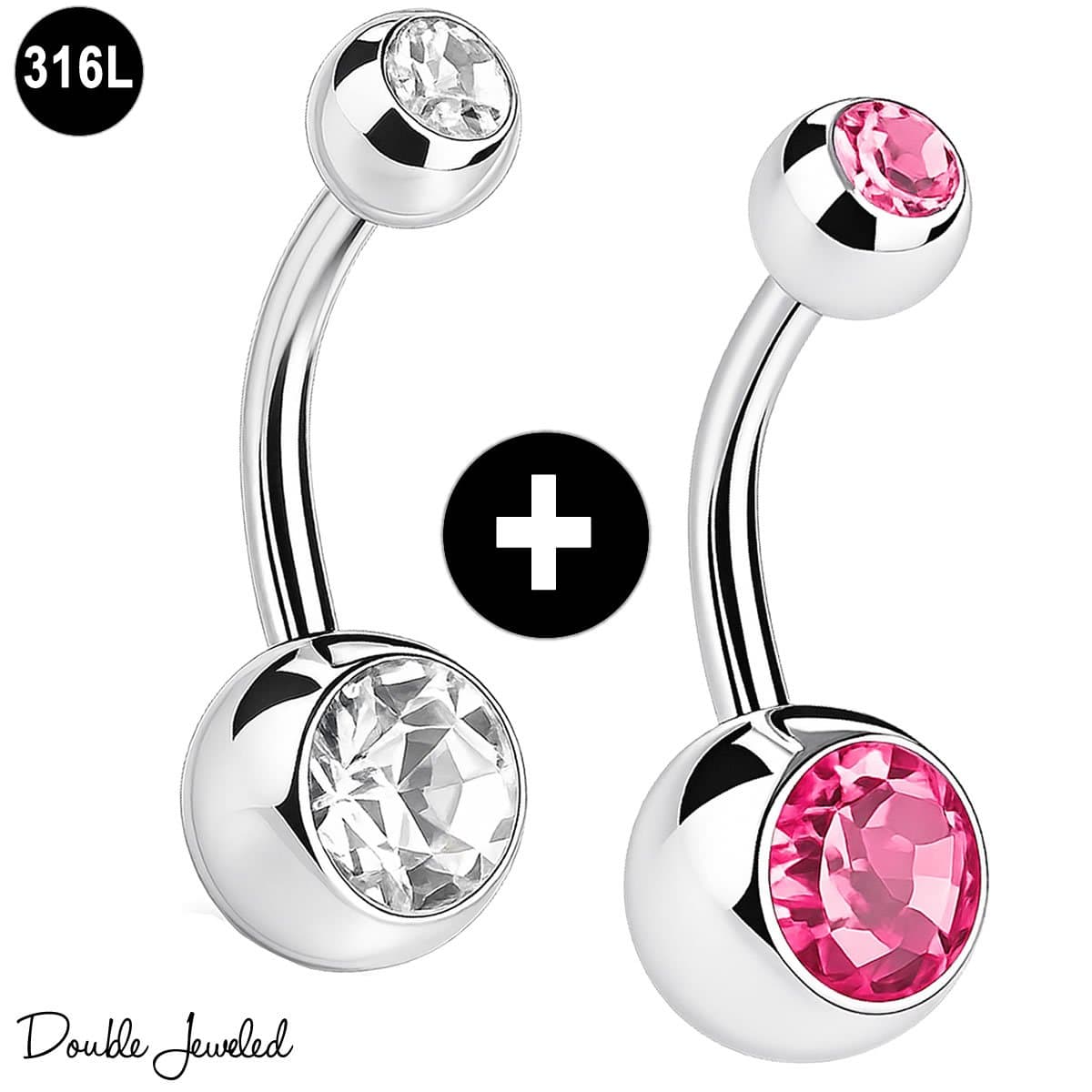 2x Navelpiercing Set – Chirurgisch Staal 316L – Zirkonia Clear & Roze – Double Jeweled – 10mm (EAN: 8785284269801)