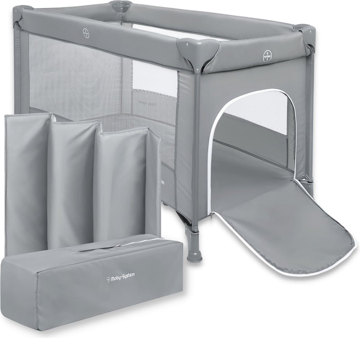 Moby-System Reisbedje Reiswieg / Box Happy Traveler - Grijs - campingbedje met matras campingbed baby bedje campingbedjes inklapbare 60x120 opvouwbare camping bed inclusief 60 x 120 voor kampeerbed reisbedjes kampeer kampeerbedje kinderbox (EAN: 5...