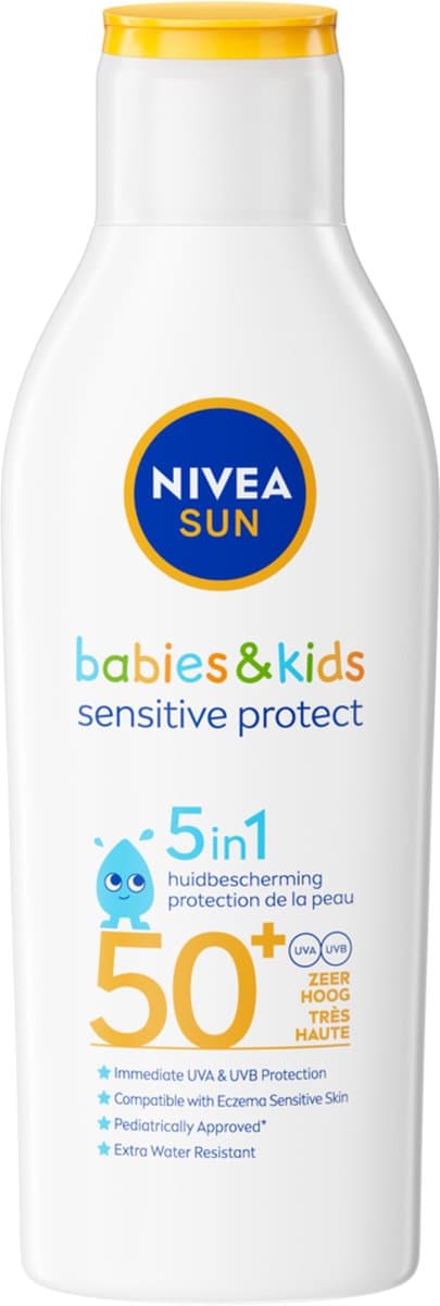 NIVEA SUN Babies & Kids Sensitive Protect Zonnebrand Melk - Baby en Kind - SPF 50+ - Parfumvrij - Geschikt voor de huid met eczeem - 200 ml (EAN: 4005900130679)