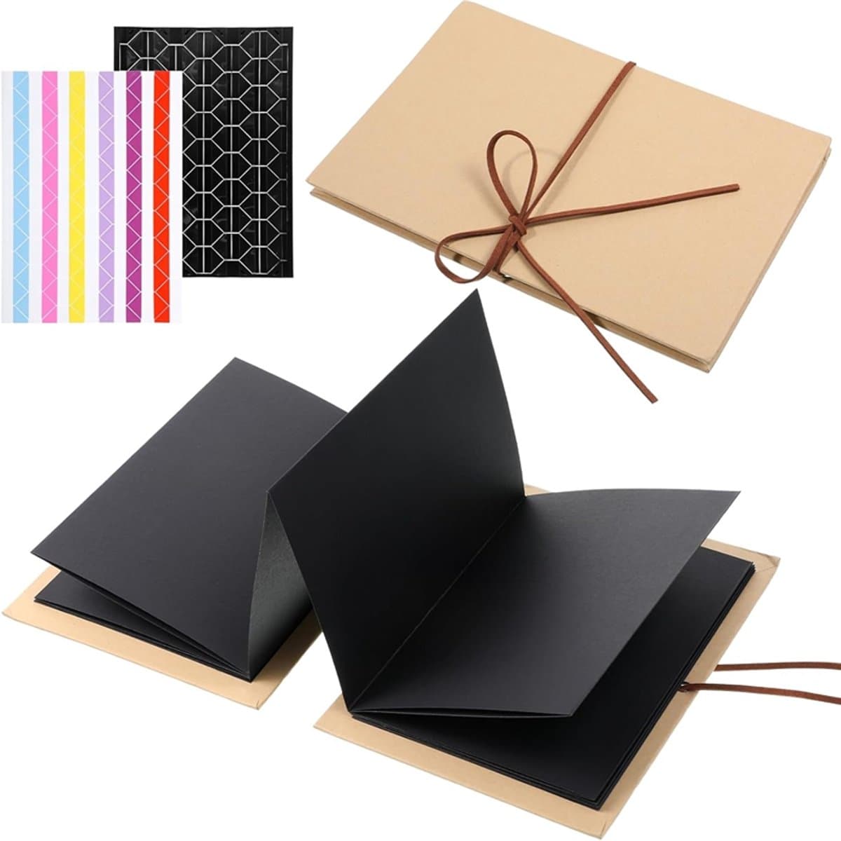 Mini-scrapbook van 6,9 x 4,5 inch, zwart, aantal pagina's, mini-fotoalbum, klein fotoalbum, opvouwbaar herinneringsboek, inclusief doe-het-zelf-accessoires (zwart) (EAN: 8015817128887)