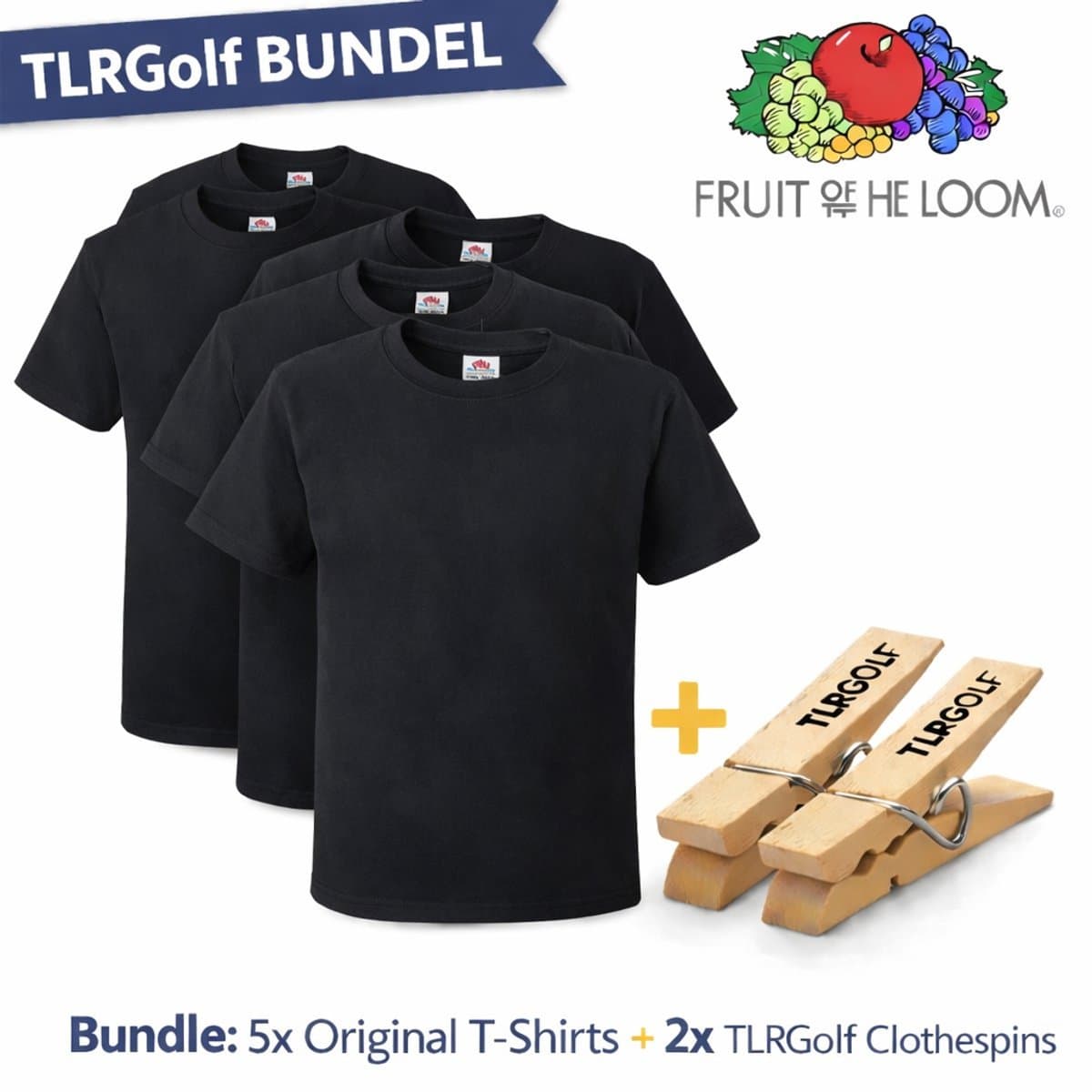 5 Pack Fruit of the Loom Original Heren T-Shirt 100% Katoen Ronde Hals - Maat XL (Zwart) Inclusief 2 TLRGolf Wasknijpers (EAN: 8721154970217)