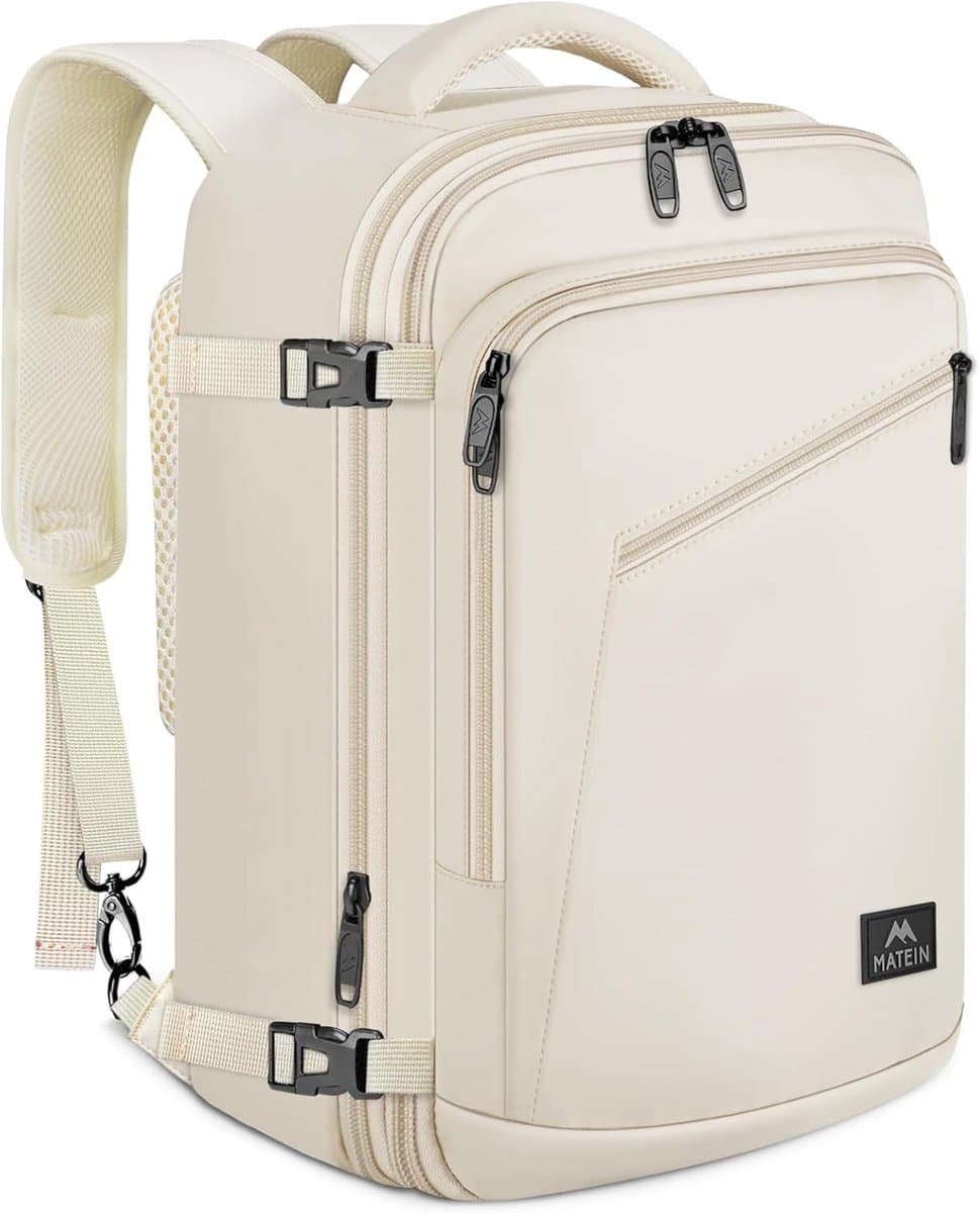 Matein Handbagage Rugzak 40x30x20 cm voor Vliegtuig – Ryanair Maat Cabin Rugzak 30L, Uitbreidbare Reisrugzak Unisex, Geschikt voor KLM, Transavia & easyJet, Travel Backpack voor Business & Reis, Wit (EAN: 0726434903181)