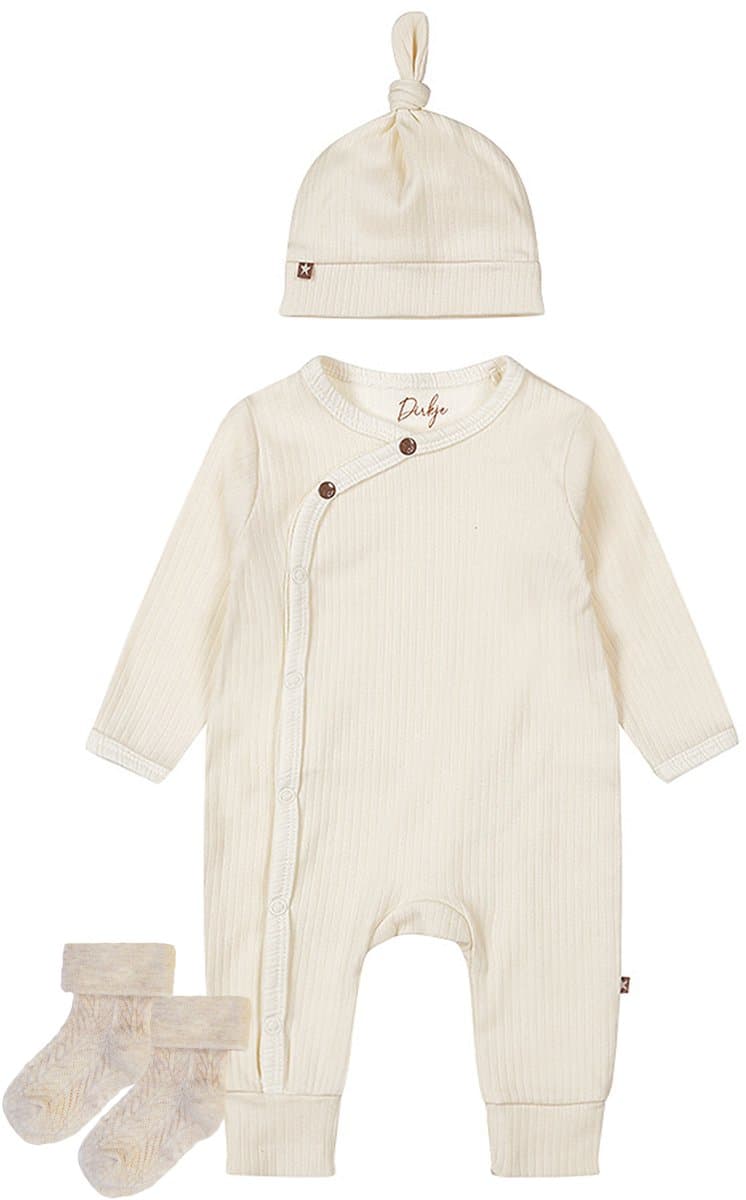Dirkje - Noppies - Kledingset - Unisex Boxpak met mutsje Offwhite - 1 paar sokjes taupe met werkje - 44 (EAN: 6151900892852)