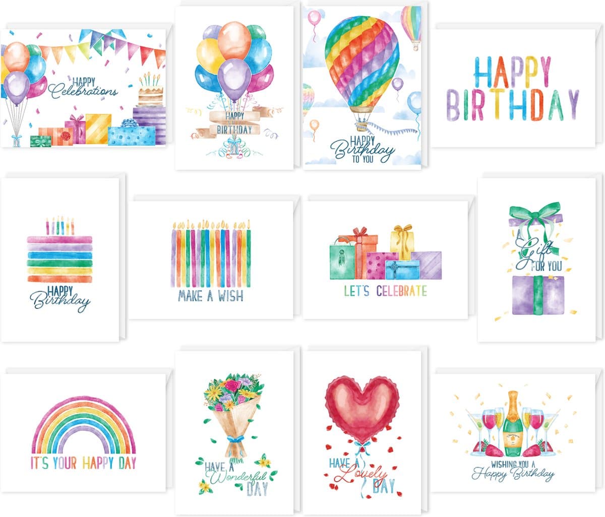 Fissaly 48 Stuks Wenskaarten & Verjaardagskaarten Set met Enveloppen - Verjaardag Kaarten Box – Felicitatiekaarten & Ansichtkaarten Kinderen & Volwassenen (EAN: 8720094553382): Een eerste indruk snelle levering en een leuke verpakking
